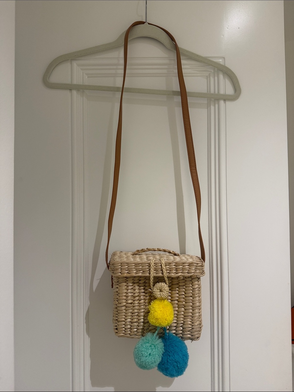 Children's Woven Crossbody Bag with Yellow and Blue Pom-Poms